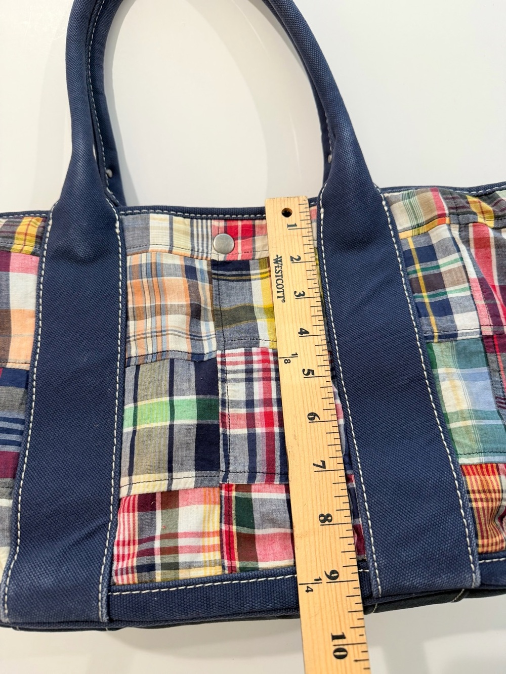 Madras Patchwork Plaid Vintage J.Crew Large Tote Bag Navy Canvas - Picture 5 of 16